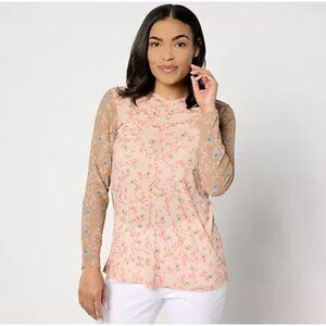 LOGO Layers by Lori Goldstein Printed Mesh Ruched Top-Peach Bloosom-Medium